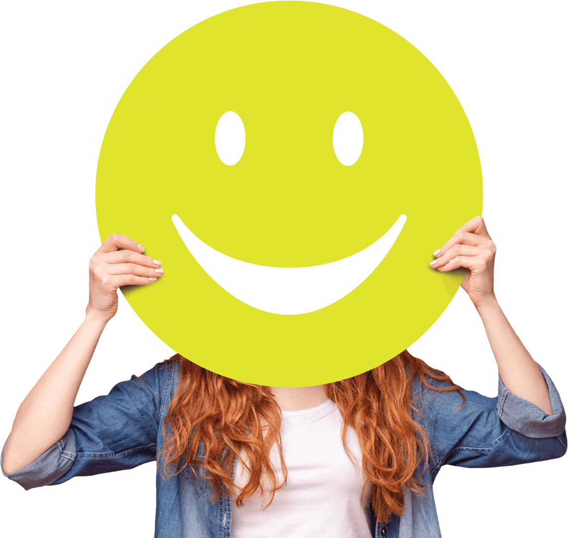 woman holding yellow smiley face in front of her head